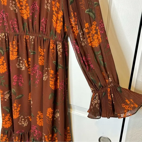Gibson Latimer Floral‎ Print Long Sleeve Midi Dress Brown Orange Size Unknown - Image 3