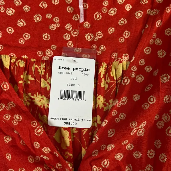 Free People Red Floral Mixed Print Blouse Flared Sleeve Smocked Back L Boho NWT - Image 4