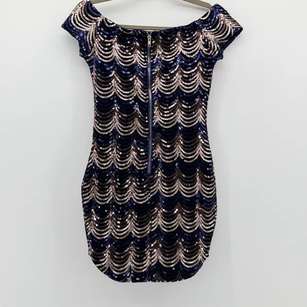 Privy Boutique 5ive Navy Gold Sequin Scallop Mini Dress PD4312 Small NWT - Image 3
