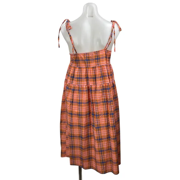 Collusion Orange Blue Plaid Check Sleeveless Tie Tiered A Line Midi Dress Size 6 - Image 3