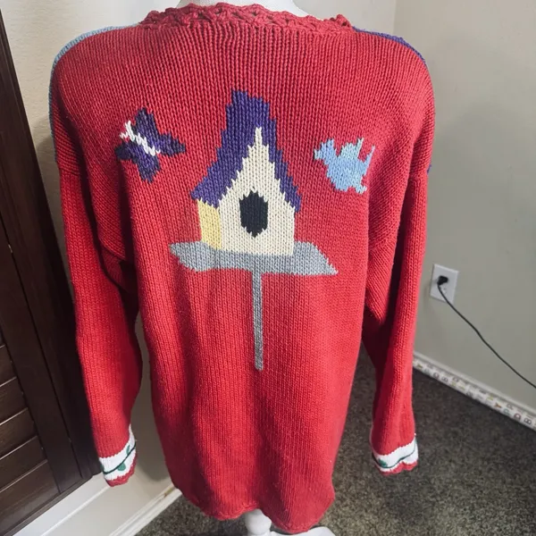 Karen Scott Hand Knit Sweater Spring Cardinal Bird Flowers Birdhouse sz M VTG - Image 4