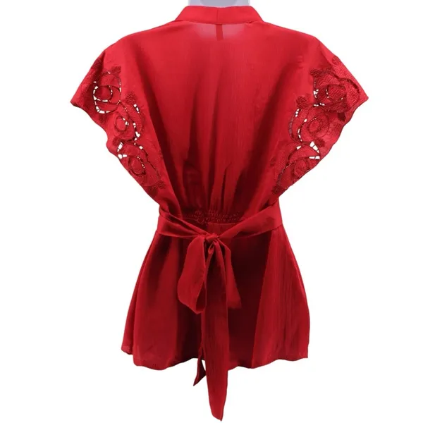 Y2K BCBGMaxAzria Cherry Red Babydoll Sweetheart Tieback Blouse Eyelet Size‎ S - Image 6
