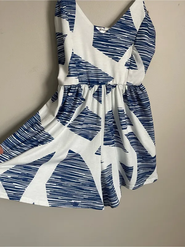 ANGASHION Navy Blue and White Graphic Print Romper Sz S - Image 4