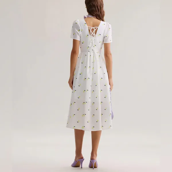Rihoas White Lemon Fruit Square Neck Midi Dress - Image 4