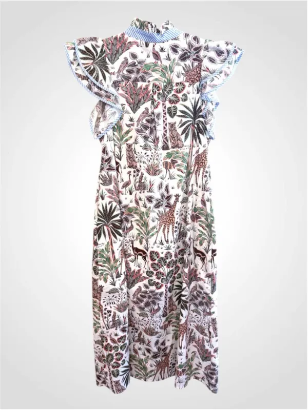 Entro Botanical Animal Prints Midi Dress in Blue Size S - Image 2