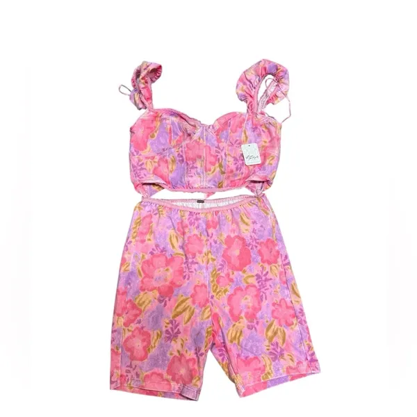 Free People Get Physical Pink Floral Corset Crop Top & Shorts Set Size S NWT - Image 6