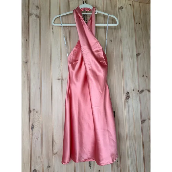 Lulus Peach Satin Halter Neck Mini Dress Party Cocktail Wedding Night Out Small - Image 2