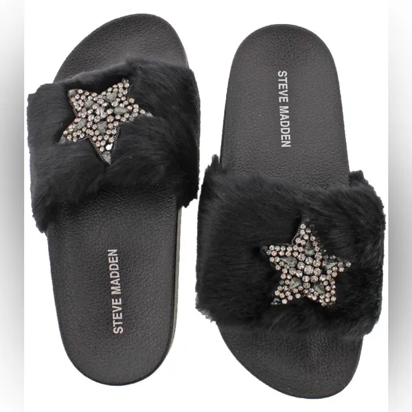 Steve Madden Black Faux Fur Shimmer Embellished Star Slide Sandals - Image 2
