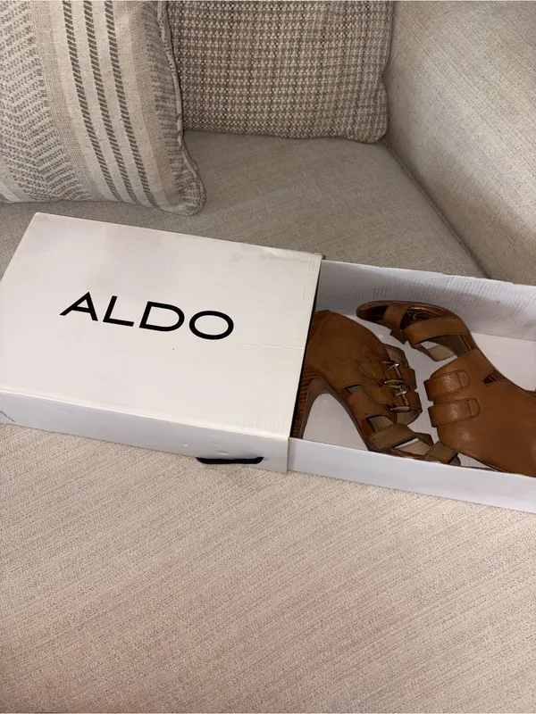 Aldo Brown Strappy Buckle High-Heel Sandal Booties - Image 3