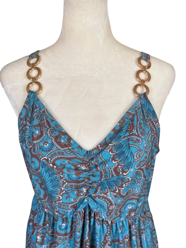 Women's blue and brown summer dress with pockets decorative gold rings size L - Image 5