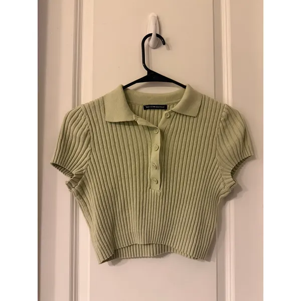 Brandy Melville Sage Green Ribbed Knit Polo Crop Top Small Cotton Short Sleeve - Image 11