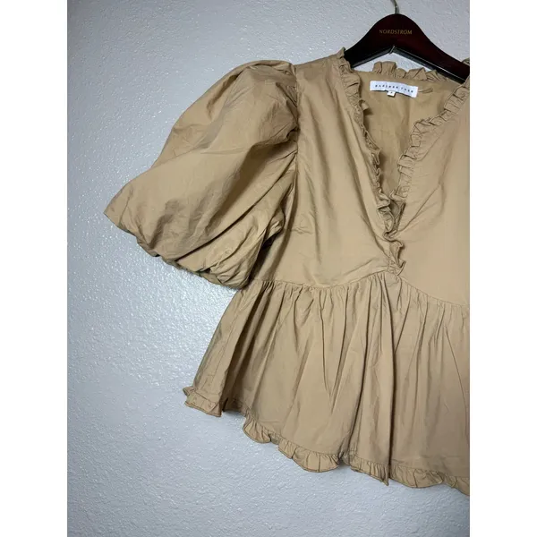 Endless Rose Puff Sleeve Peplum Top Tan Ruffle V-Neck Cotton Size S JJ1080T - Image 5