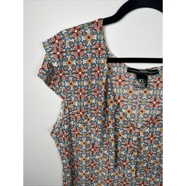 Amang NY Top Womens XL Peasant Boho V-neck Cap Sleeve Stretch‎ Colorful - Image 12