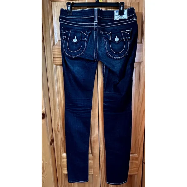 True Religion Dark Wash Jeans Womens Sz28 Dark Wash Big T White Stitching Skinny - Image 2