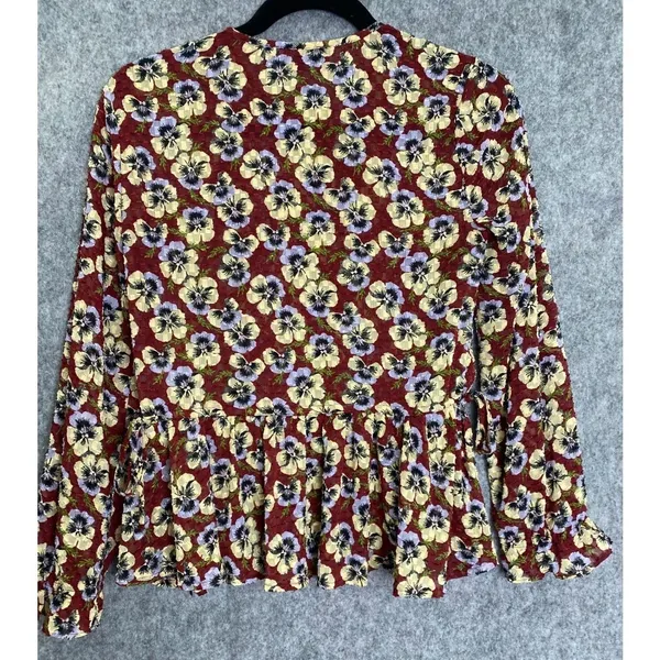 Madewell Floral Violet Pansy Blouse Burgundy Long Sleeve Peplum XS Fall Florals - Image 4