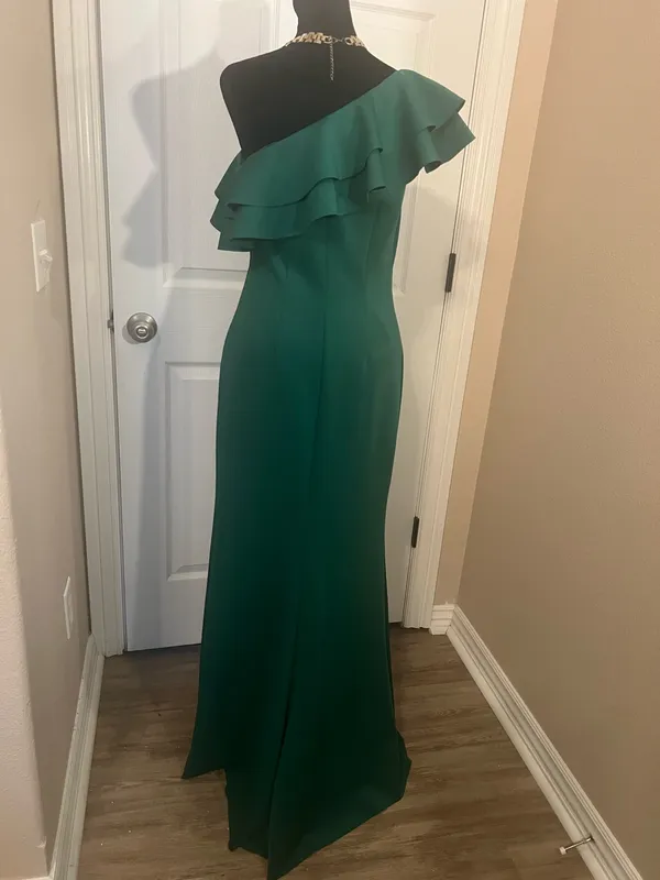 Green ruffle elegant cocktail wedding guest dress - Image 3