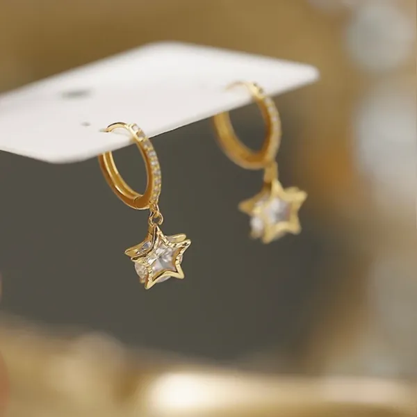 18K Gold Plated CZ Cubic Zirconia Star Dangle Drop Earrings for Women - Image 2