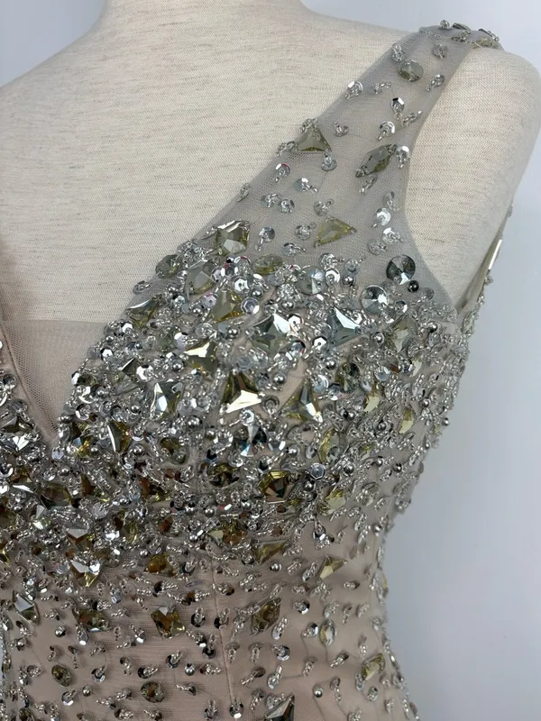 NIGHT STUDIO Couture Nude Illusion Crystal Beaded Gown Formal Evening Dress - Image 6