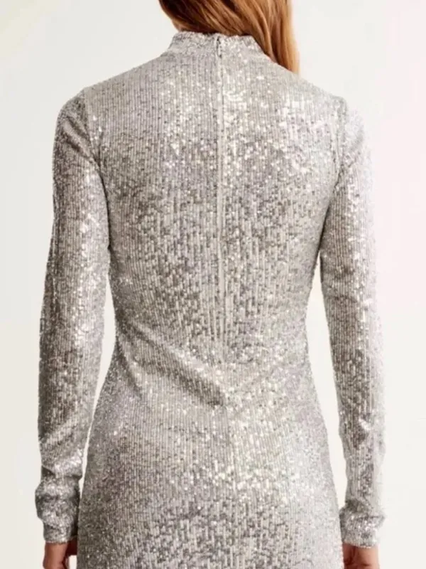 Abercrombie & Fitch Silver Shimmering Sequin Long Sleeve Mini Dress Size S - Image 6