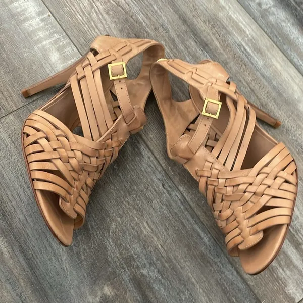 TORY BURCH Nadia brown woven leather logo detail huarache sandals heels 9.5 - Image 3
