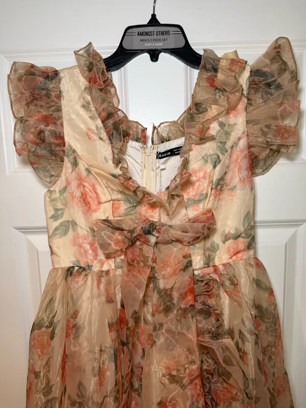 SHEIN Floral Ruffled Chiffon Maxi Dress - Peach Rose Print Size M NWT - Image 2