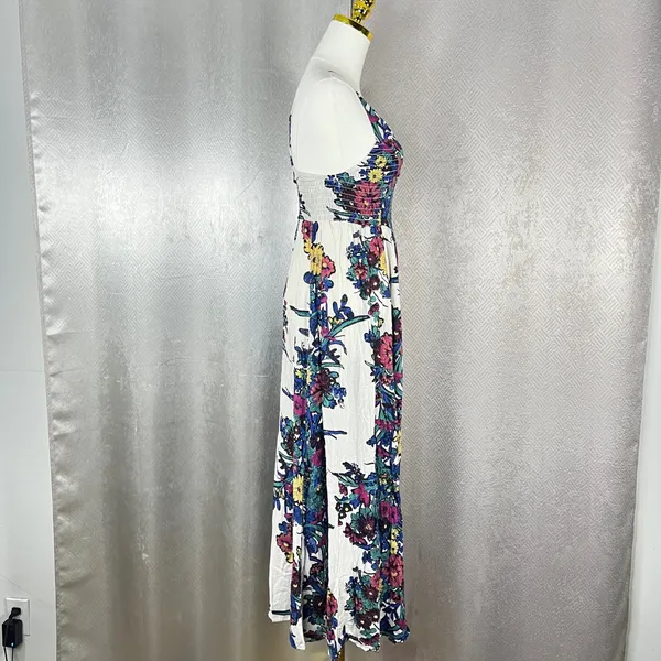 Intimately Free People Floral Butterfly Maxi Dress XS White Blue Smocked Slit - Image 4