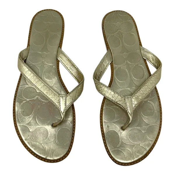 Coach Gold Leather Thong Sandals Signature Logo Flip Flops Size 8.5 - Image 4