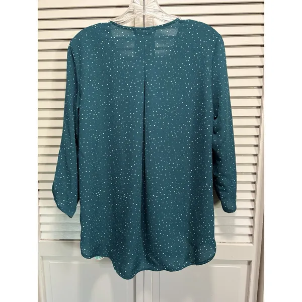 Peace‎ & Pearls Green/Wh Polkadot Chiffon Wrap Front 3/4 Tab Sleeve Blouse Sz M - Image 5