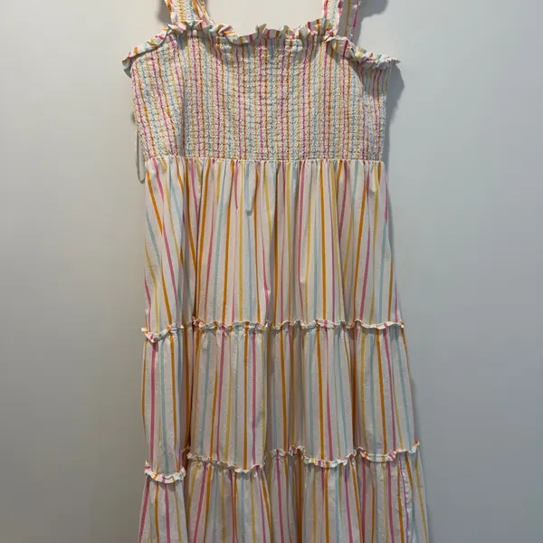 Crown & Ivy Women's Large Smocked Ruffle Strap Tiered Striped Midi Dress - Image 4