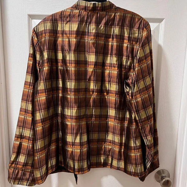 MSK‎ Plaid Open Front Jacket Blazer Brown Gold Metallic Shimmer Evening Wear-XL - Image 4