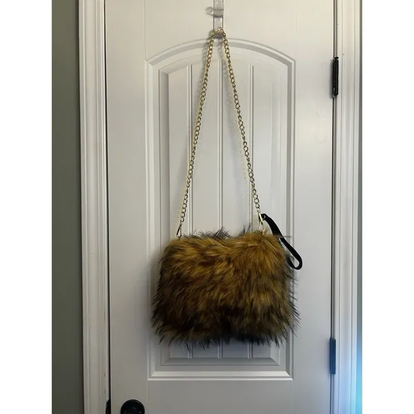 Faux Fur Shoulder Crossbody Bag Brown Gold Chain Cozy Winter Plush Handbag Purse - Image 3