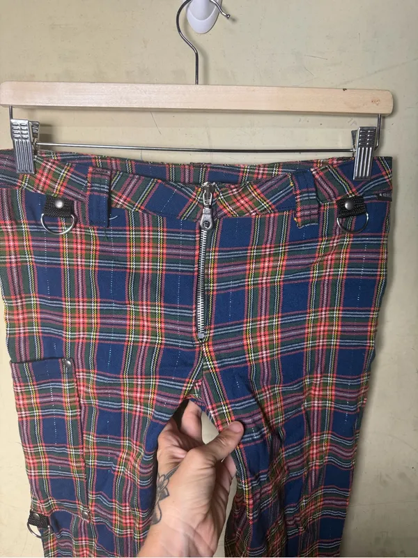 Serious Y2K Punk Plaid Bondage Cargo Pants Zip Hem Grunge Cyber Goth Size 7 - Image 7