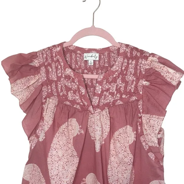 WONDERLY Dusty Rose Paisley Flutter‎ Sleeve Cotton Top, Small - Image 2