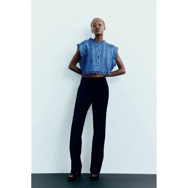 ZARA Metallic Blue Cropped‎ Sweater Cableknit Distressed Cable Knit Crop Small - Image 4