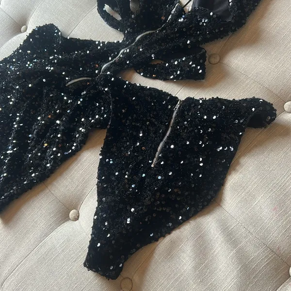 NWT Alglist Black Sequenced Two Piece Cut Out Mini Dress Size Medium - Image 9