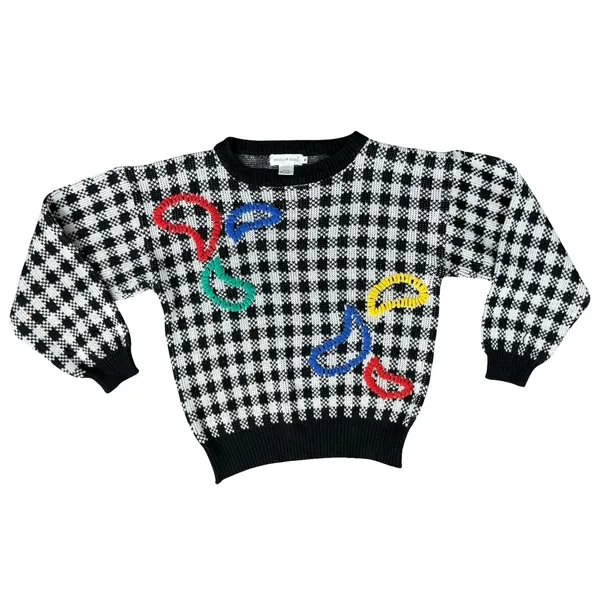 Vintage Black White Check Wide Stitch Rainbow Detail Crew Neck Sweater size S - Image 3