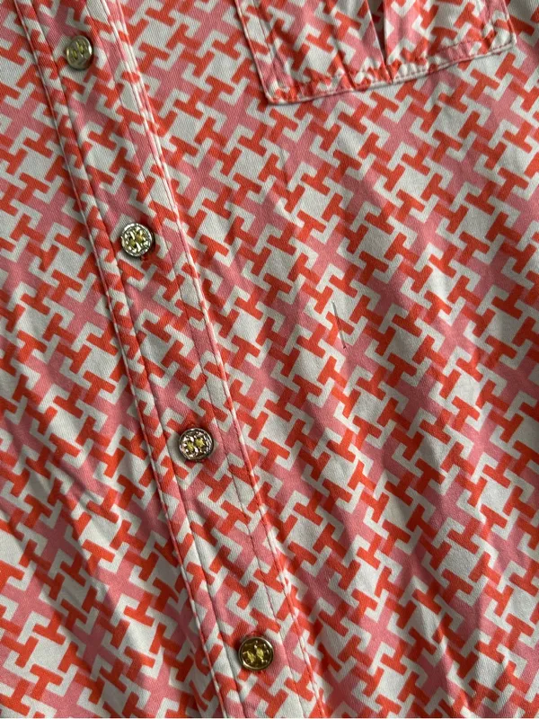 Tory Burch Silk Chain Link Geometric Button Down Blouse Coral Small Pink Career - Image 9