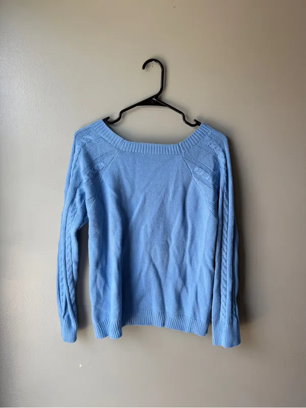 Cable Knit Sweater Blue Women’s Medium Button Shoulder Cozy Knit - Image 7