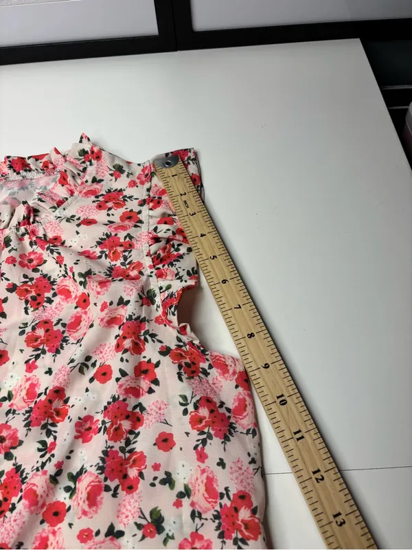Sleeveless Floral Blouse Pink Coral and White Ruffle Neck Size L NWOT Romantic - Image 5