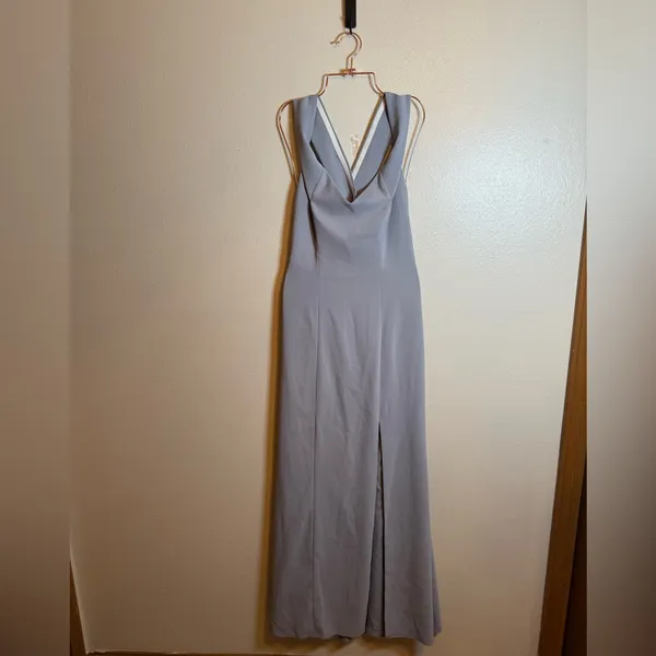 Dessy Collection‎ OFF-THE-SHOULDER CRISS CROSS BACK TRUMPET GOWN Platinum - Image 3