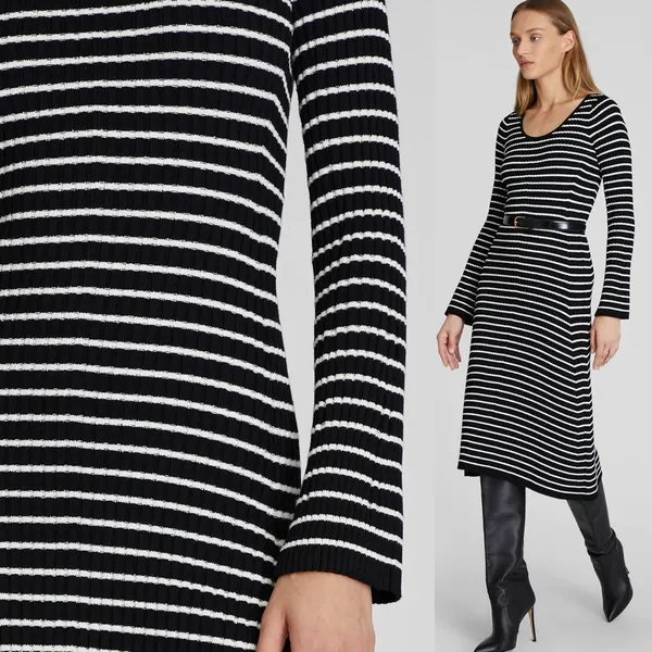 Club Monaco Black And White Striped Ribbed Midi Sweater Dress With Bell Sleeves - Image 4