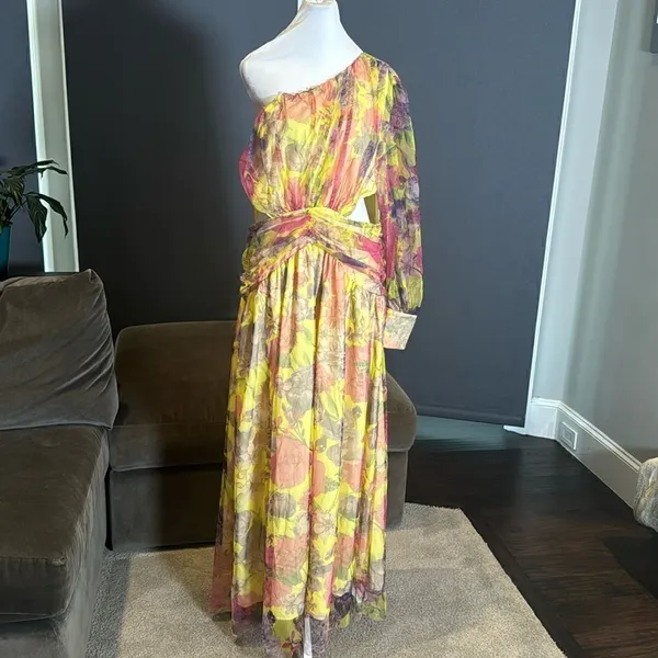 Women’s Floral One Shoulder Lightweight Summer Dress Leg Slit Cut Outs Size L - Image 3