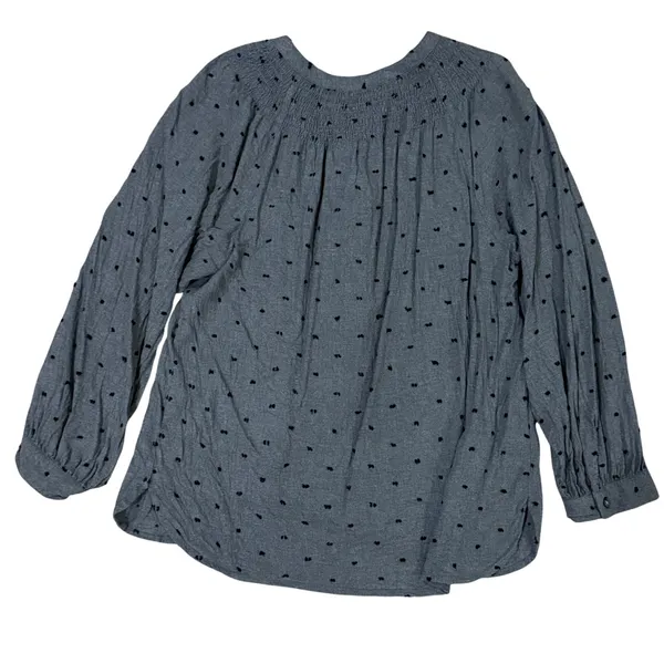 LOFT‎ Women's Gray Smocked Neck Long Sleeve Blouse Black Dot Print Size M - Image 4