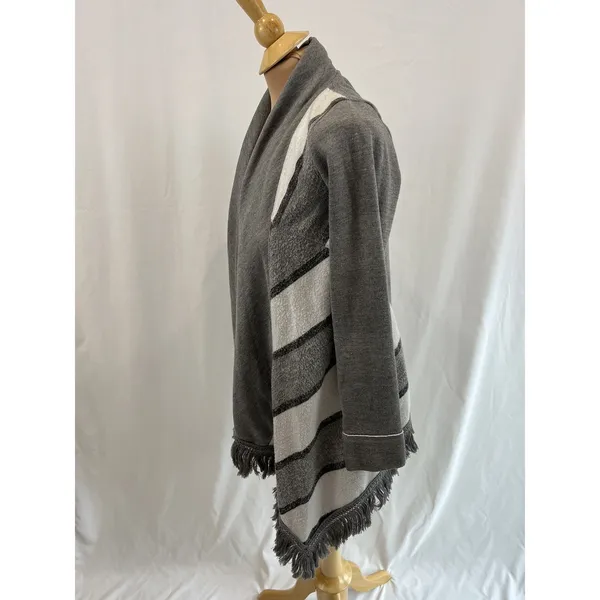 Saturday/Sunday Anthropologie‎ Cardigan Sweater XS Gray White Elise Open Fringe - Image 3
