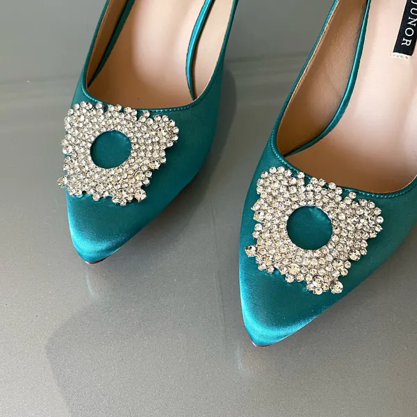 ERIJUNOR Teal Satin Kitten Heel Pumps Rhinestone Buckle Pointed Toe Size 7 - Image 6