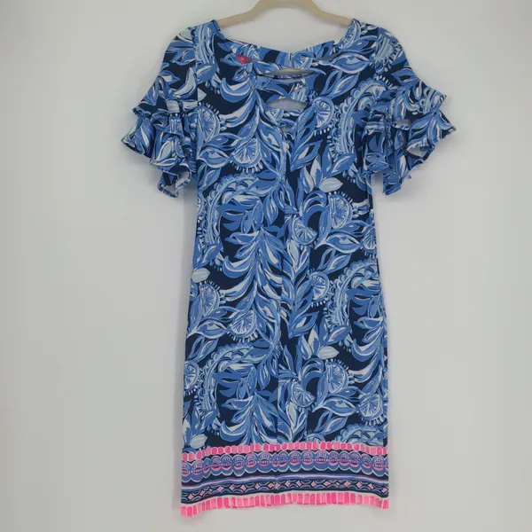 Lilly Pulitzer Blue Floral A-Line Dress XS Pink Border Ruffle Sleeve Rayon Spand - Image 12