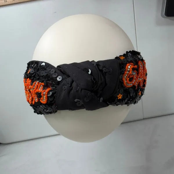 Headband Knotted Sequin Gameday Beaded Orange Black Sports Fan Gear Spirit Week - Image 3