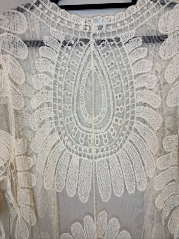 Rebellion Again Ivory Lace Duster Kimono S Embroidered Boho Maxi Cover Up - Image 7