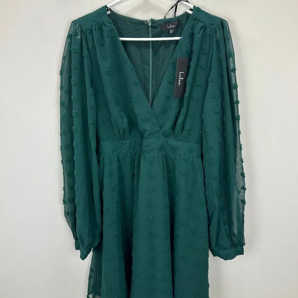 Lulus Always on Repeat Emerald Green Clip Dot Long Sleeve Mini Dress Large NWT - Image 6