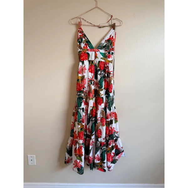 Gianni Bini Maxi Dress Size 6 White Floral Tropical Tiered Cotton Boho Vacation‎ - Image 3